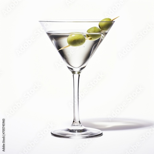 AI-generated illustration of an olive martini drink in a stemmed glass against a white background