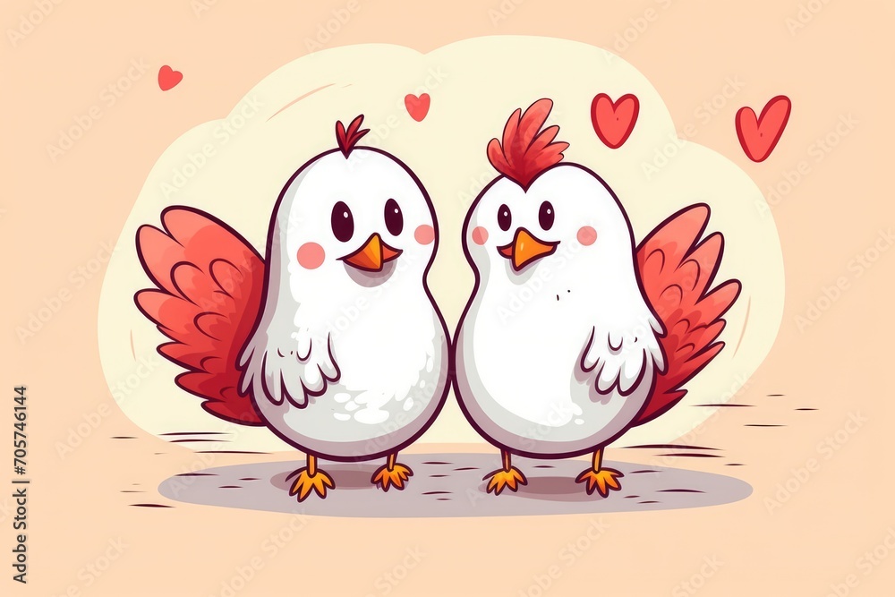 Two Cartoon Birds in a Loving Embrace Surrounded by Hearts