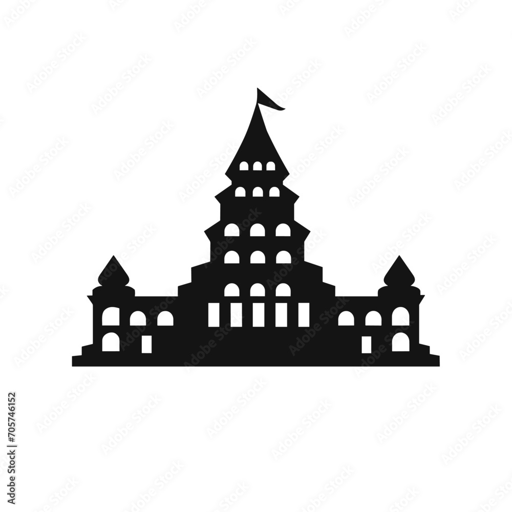 Fototapeta premium Building simple flat black and white icon logo, reminiscent of Angkor Wat, Historic World Flat Minimalist B&W.