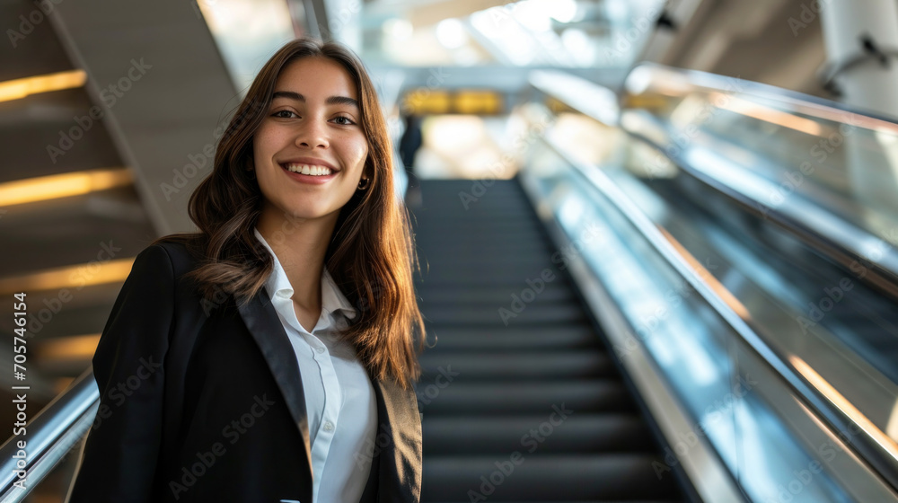 Fototapeta premium Outdoor portrait of the beautiful young sexy woman. Attractive caucasian girl smiling and posing in escalator. Pretty female person with positive emotions