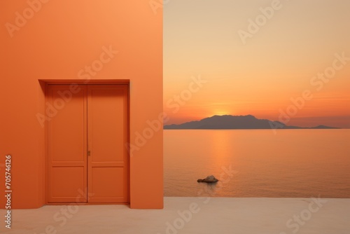  an orange room with an open door and a small boat in the water in front of an orange wall with a view of a mountain and a body of water with a boat in the distance.