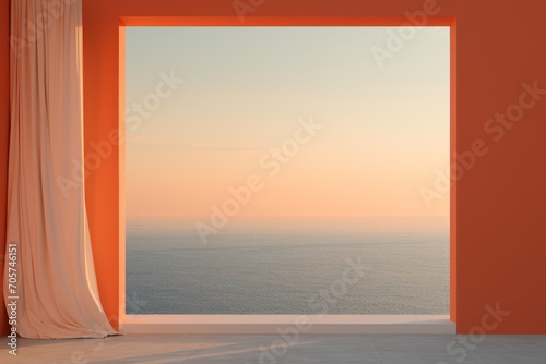  an open window with a view of the ocean from inside an orange room with a drapes on the side of the window and a white drapes on the side of the window.