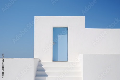  a white building with a blue door and steps leading up to the top of the building with a blue door on the side of the building, against a blue sky background.