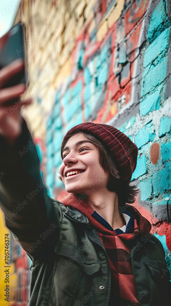 Smiling Teenager Captures a Selfie Using a Smartphone, Seen from a Low Angle Against a Wall, Immortalizing a Moment of Youthful Joy Smiling Teenager Captures a Selfie Using a Smartphone, Seen from a Low Angle Against a Wall, Immortalizing a Moment of Youthful Joy