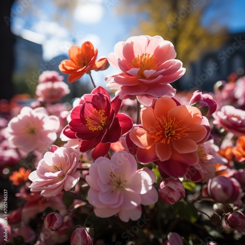  a close up of a bunch of flowers in a field of pink and orange flowers with a blue sky in the background and a building in the back ground in the background.