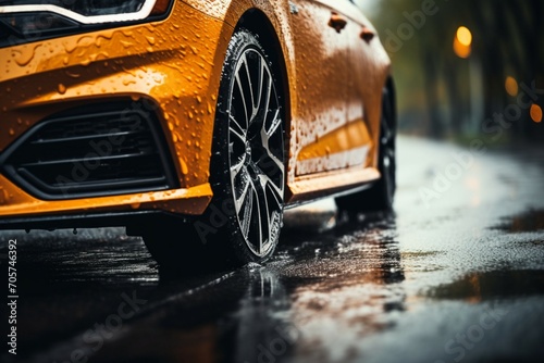 Rainy road drama Car tires navigate wet terrain, close up focus