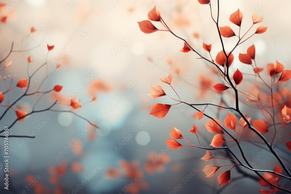  a close up of a tree branch with orange flowers in the foreground and a blurry background of trees with leaves in the foreground, in the foreground.