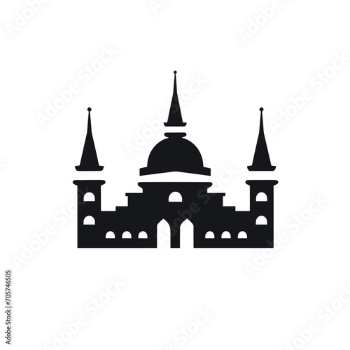 Building simple flat black and white icon logo, reminiscent of Blue Mosque, Urban Heritage Simple Silhouette B&W.