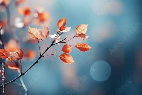  a branch with orange leaves in front of a blurry background of blue sky and light blue boke of a tree branch with orange leaves in the foreground. © Nadia