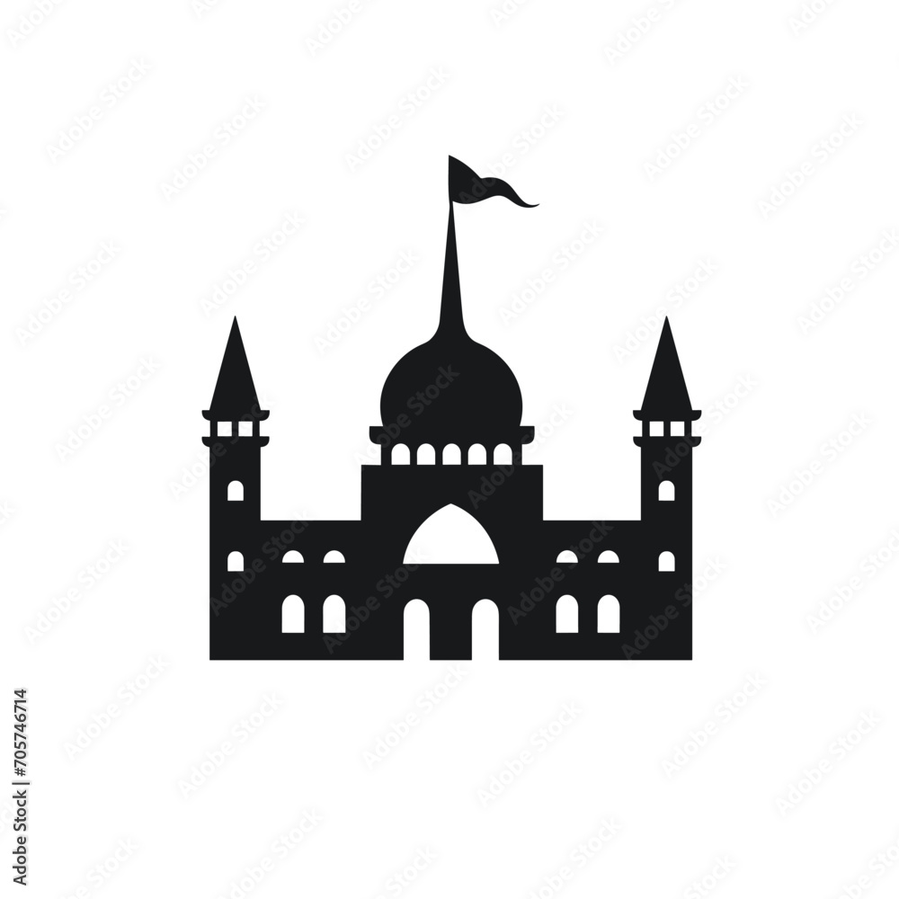 Building simple flat black and white icon logo, reminiscent of Blue Mosque, World Urban Design Logo Black and White.