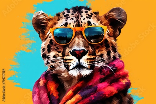  a painting of a cheetah wearing a scarf, sunglasses, and a scarf around its neck, with a yellow background and a blue sky in the background. © Nadia