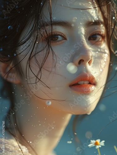 close-up half shot,Sweet, with a flower in her ear,24 years old South Korean girl, white skin, water and light cool tone 