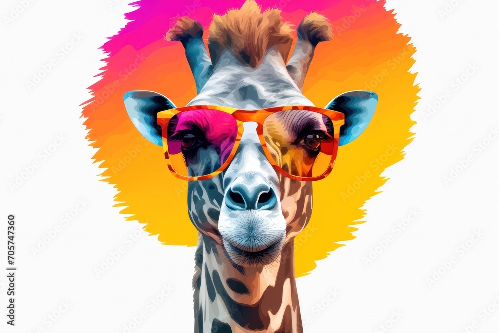  a close up of a giraffe wearing sunglasses with a background of orange, pink, yellow, and pink colors in the shape of a giraffe's head.