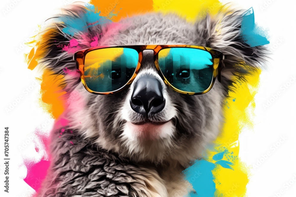  a koala wearing a pair of sunglasses with a splash of paint on it's face and it's face slightly obscured by the image of the koala wearing a pair of sunglasses.