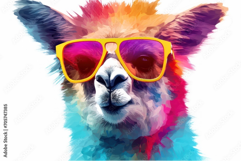  a llama wearing a pair of sunglasses with the colors of the rainbow painted on it's face and it's face in the shape of the llama.