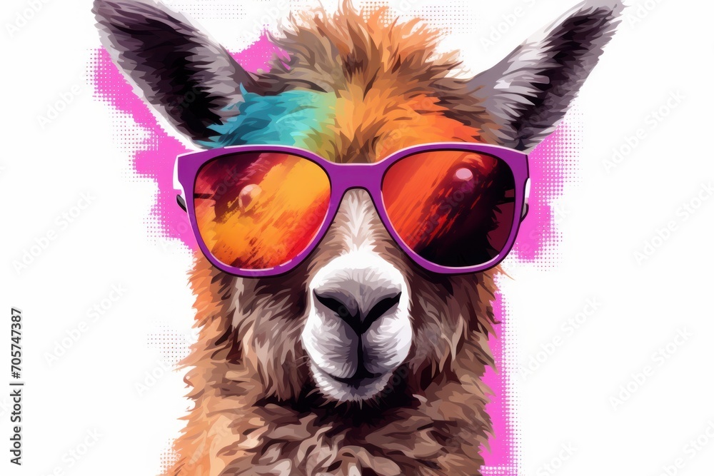  a llama wearing a pair of sunglasses on top of it's head in front of a pink and purple background with the image of an alpacal wearing a pair of sunglasses.