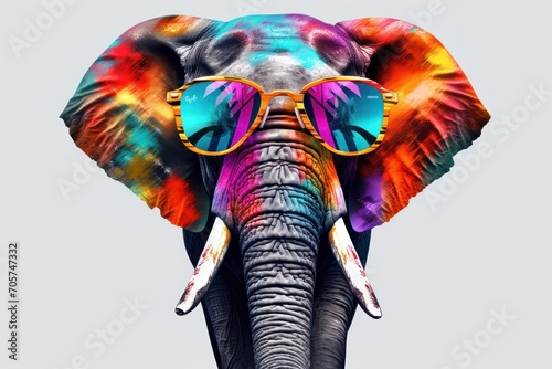 an elephant with sunglasses on it's head is wearing a pair of sunglasses that look like it has been painted with a multi - colored elephant's head.