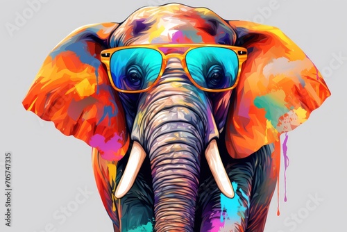  a painting of an elephant with glasses on it's head and paint splatters all over it's body, and it's trunk and trunk.