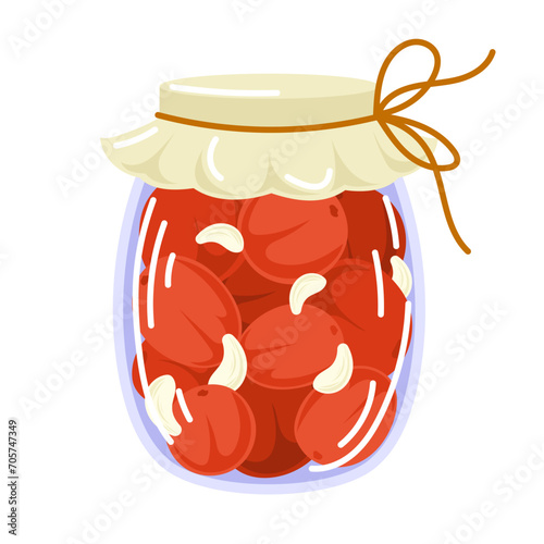 Glass jar of preserved tomatoes and garlic in flat style. Can of pickled tomatoes. Grocery conserve container. Vector illustration isolated on a white background.