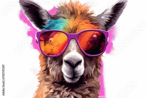  a llama wearing a pair of sunglasses on top of it's head in front of a pink and purple background with the image of an alpacal wearing a pair of sunglasses. © Nadia