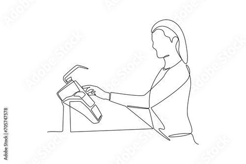 Continuous one line drawing Customers paying at checkout and cashier counters concept. Doodle vector illustration.