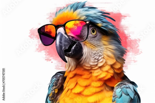  a colorful parrot with sunglasses on its head and a red spot on its eyeglasses is standing in front of a red spot on the left side of the parrot's head.