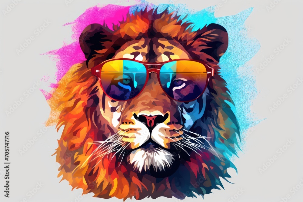  a picture of a lion with sunglasses on it's face and the colors of the rainbow on it's face, and the image of a lion wearing a pair of sunglasses.