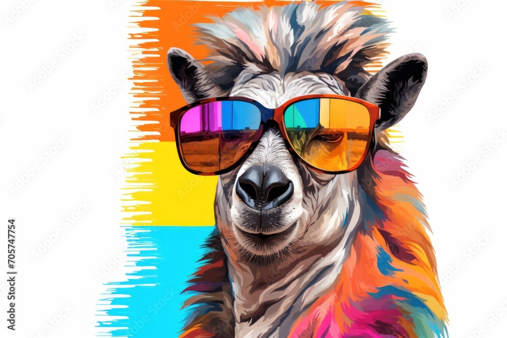 a painting of a llama wearing sunglasses with a multicolored pattern on it's face and the image of the llama's head is on a multicolored background. a painting of a llama wearing sunglasses with a multicolored pattern on it's face and the image of the llama's head is on a multicolored background.