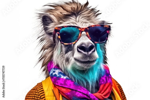  a llama wearing sunglasses, a scarf, and a scarf around its neck with a scarf around its neck and a scarf around its neck with a scarf around its neck. © Nadia