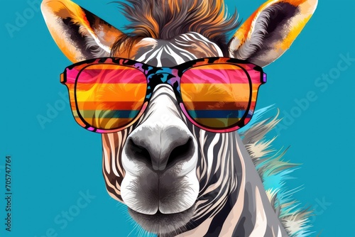  a close up of a zebra wearing a pair of sunglasses with the colors of the rainbow on it s face and the image of a zebra s head.