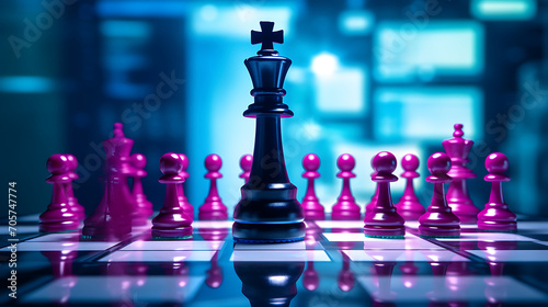 Chess game represent to leader of the game under the concept of business strategy, neon background