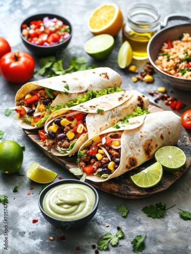 festive feast setting with a variety of burritos, surrounded by traditional Mexican decorations and an abundance of fresh vegetables