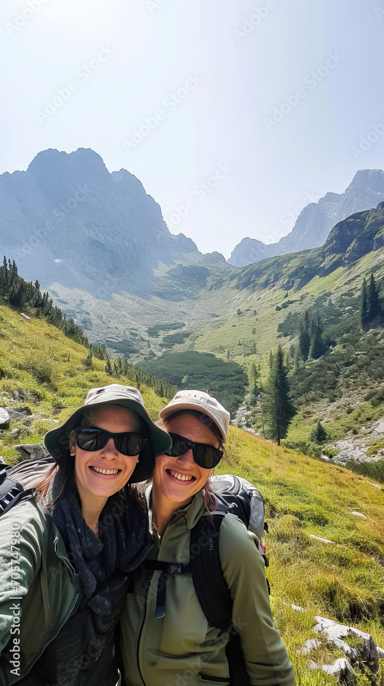 Naklejka premium Happy Mother and Daughter Capture a Joyful Moment on Their Hike through Sunny Mountains, Pausing to Take a Selfie and Cherish Their Time Together in Nature