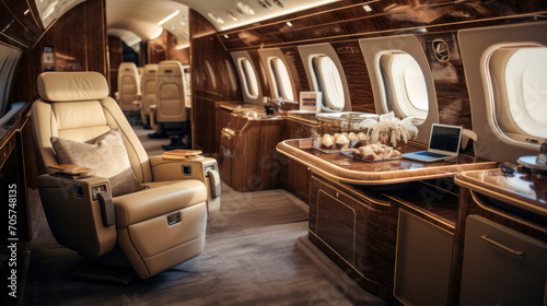 A private jets cabin adorned with works of art and luxury decor