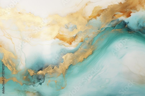  an abstract painting of gold and teal colors on a white and blue background with a gold swirl on the left side of the image and the top of the image on the right side of the left side of the image.