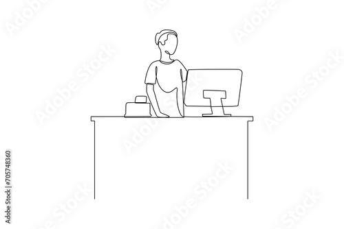 Continuous one line drawing Customers paying at checkout and cashier counters concept. Doodle vector illustration.