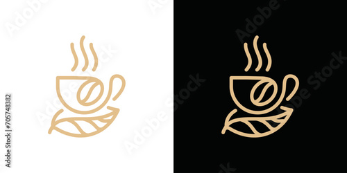 coffee cup logo with leaf in line style, simple coffee logo vector photo
