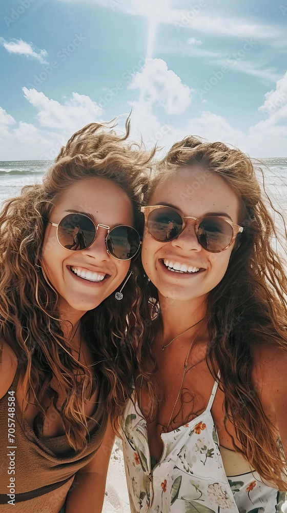 Two Girlfriends Embrace Happily on the Beach, Radiating Love and Joy in Their Bond