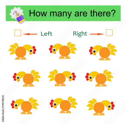 Left or Right. Educational game for kids. Count how many roosters are turned left and how many are turned right.