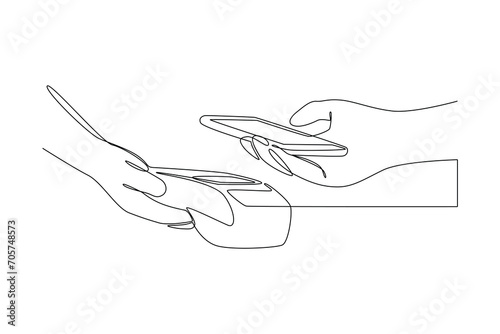Continuous one line drawing Customers paying at checkout and cashier counters concept. Doodle vector illustration.