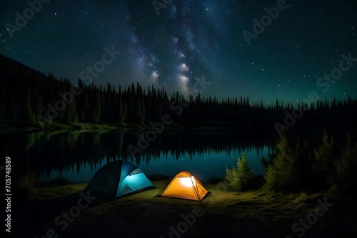 Camping in the wilderness. A pitched tent under the glowing night sky stars of the milky way with snowy mountains in the background. Nature landscape photo composite.