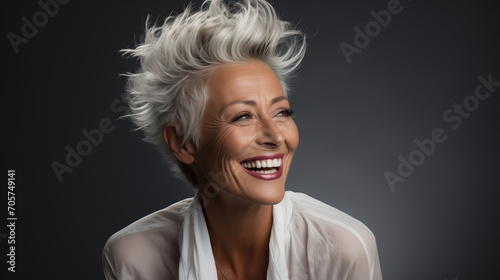 an isolated close-up of a stunning senior model woman holding a cigarette vertically against a white background
