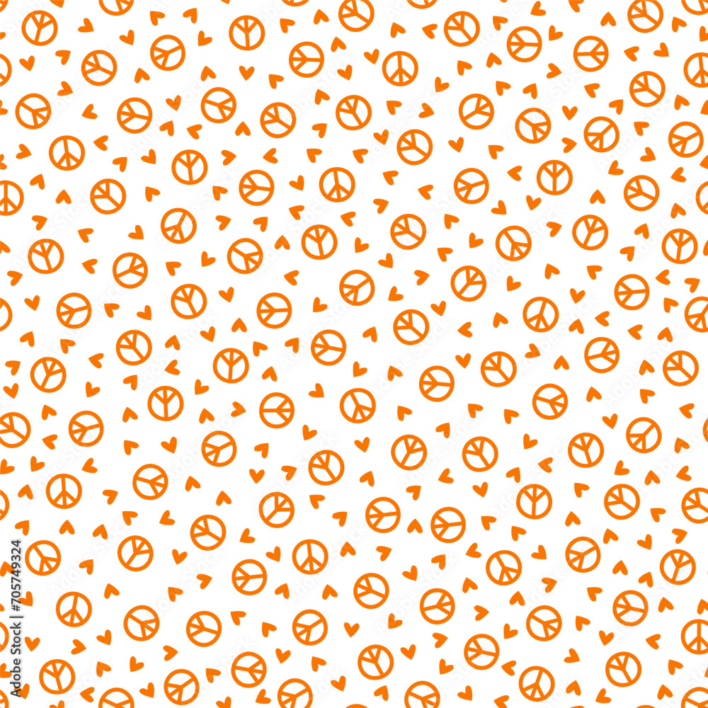 Seamless pattern with orange peace symbols and hearts