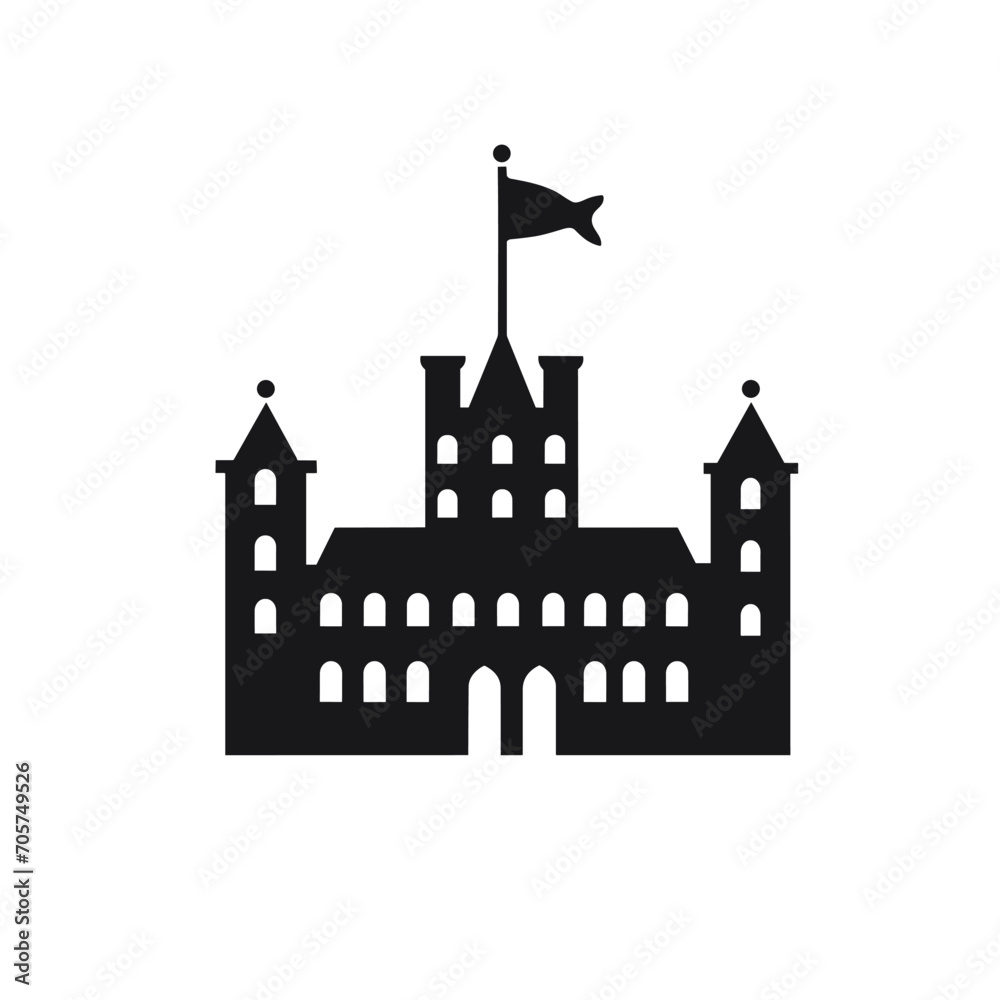 Building simple flat black and white icon logo, reminiscent of Tower of London, Modern Monument Minimalist Flat Monochrome.
