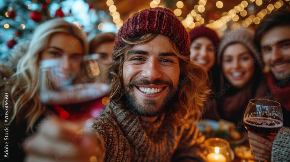 Group of young people celebrating Christmas party dinner with clinking glass of wine and selfie, Christmas and thanksgiving concept