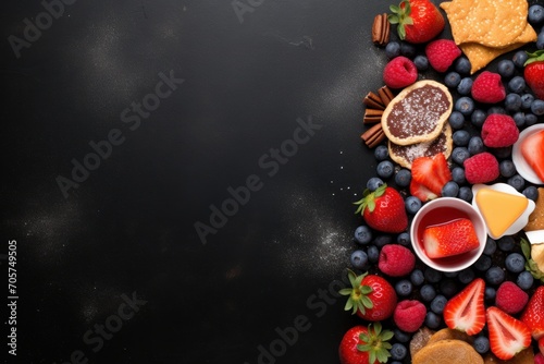  a table topped with fruit and crackers next to a bowl of fruit and a plate of crackers on top of a black surface next to a plate of fruit.