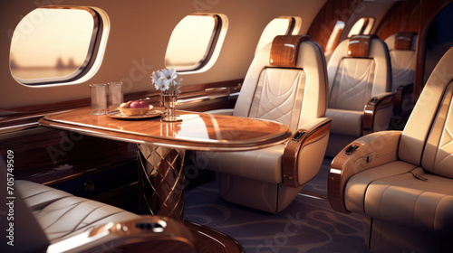 A luxurious interior of a private jet,  oozing opulence