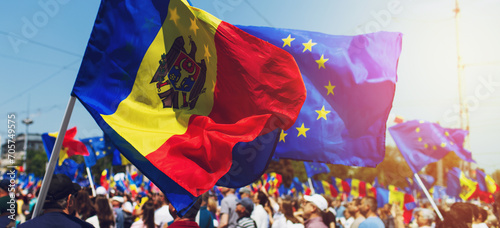 Assembly of the European Moldova. National meeting of the Moldavian people. Flag of the European Union and Republic of Moldova. photo