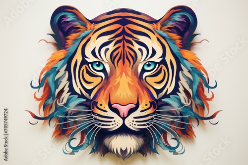  a painting of a tiger s face with blue eyes and orange  blue  and green feathers on it s head  on a white background with a white wall.