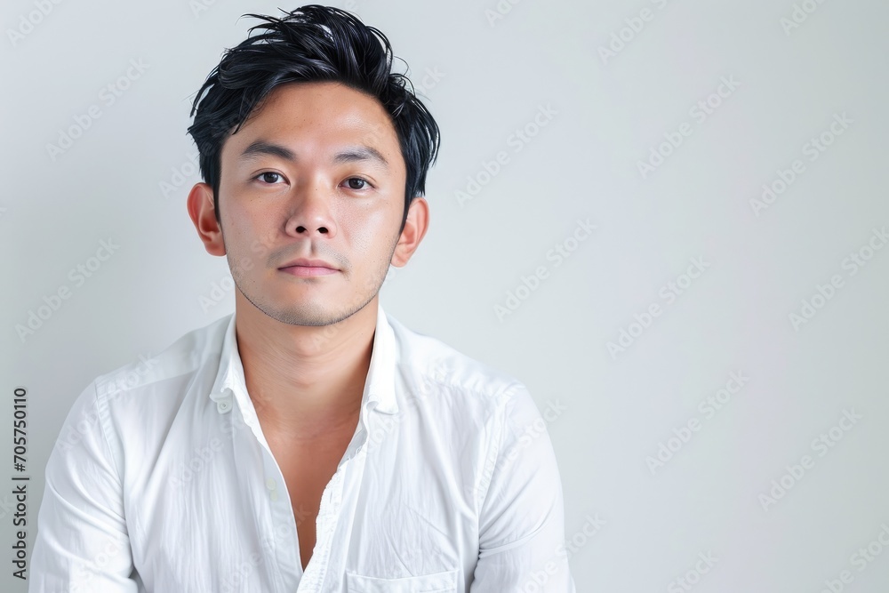 Casual yet stylish portrait of an Asian man, effortlessly chic, white background. Casual yet stylish portrait of an Asian man, effortlessly chic, white background.
